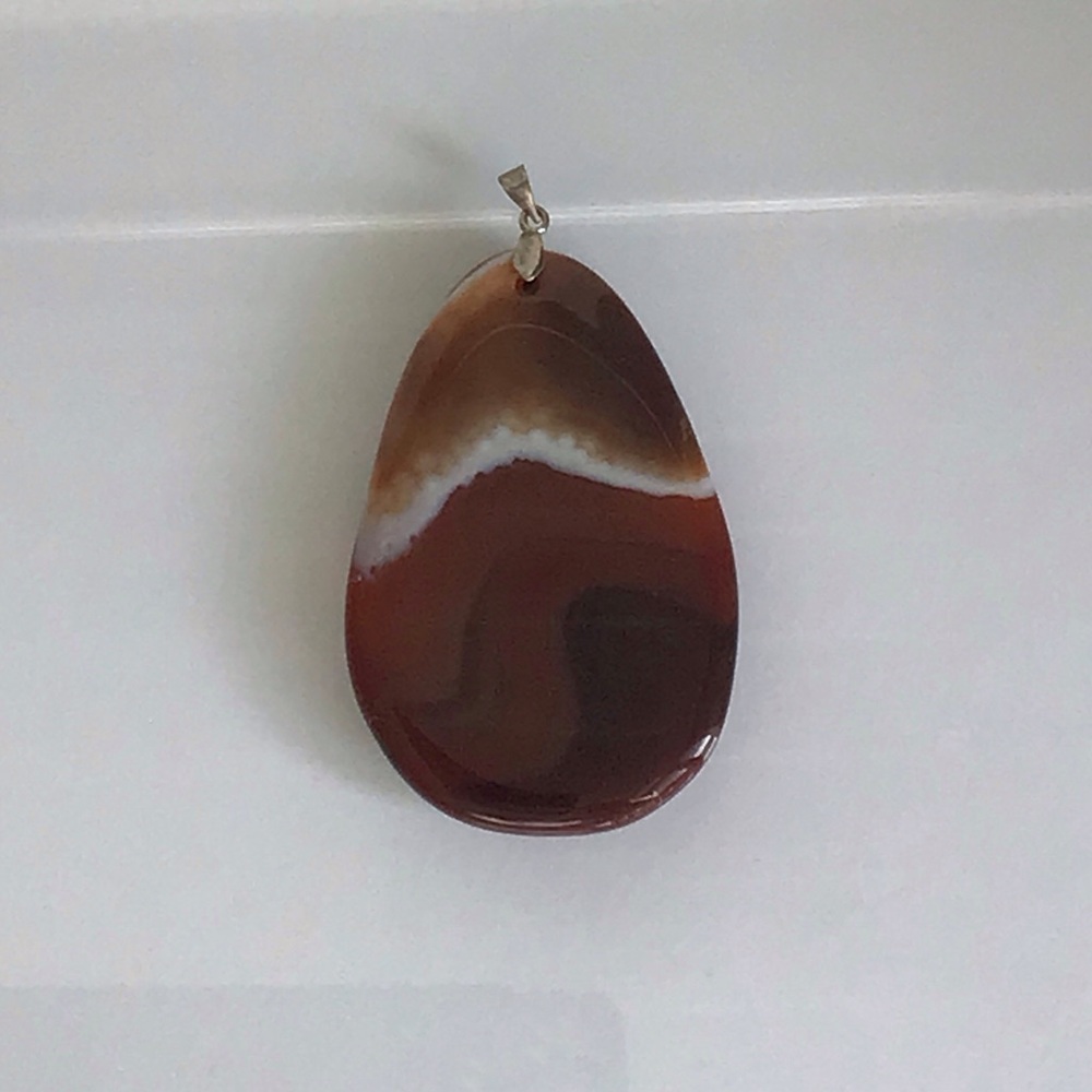 2.5” X 1.6” Banded Agate Large Stone Teardrop Pendant Brown Caramel White